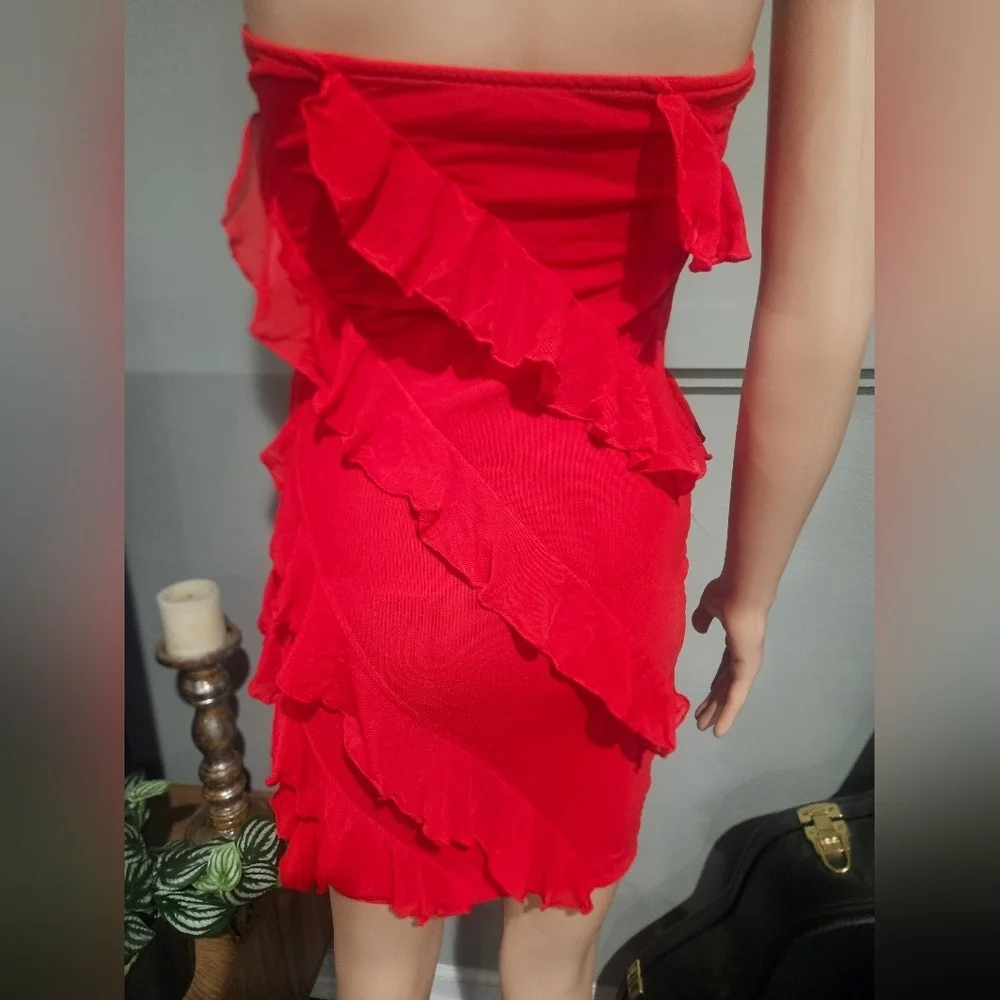 Strapless Red Ruffle Cocktail Mini Dress – Stretch Mesh Bodycon